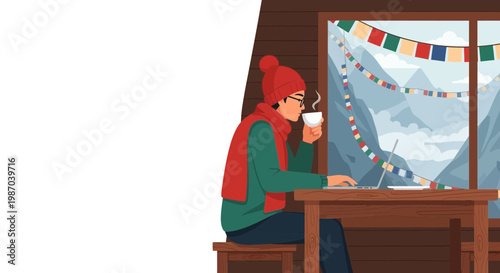 Vector illustration of a person working remotely from a cozy mountain cabin. Scenic view of snowy peaks and prayer flags, embodying a serene digital nomad lifestyle