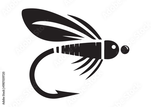 Black silhouette of a fly fishing logo vector, fly fishing lure logo icon silhouette, fly fishing hook silhouette, fly fishing flies silhouette vector design on white background