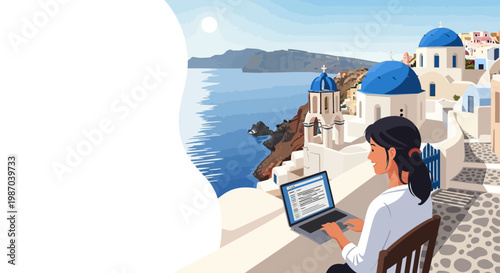 Vector illustration Digital nomad works on laptop from picturesque coastal town, embodying remote work and travel freedom. Flexible lifestyle concept