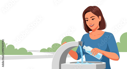 Vector illustration Woman refilling reusable water bottle at public fountain. Emphasizing healthy hydration and environmental sustainability