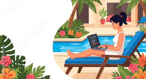 Vector illustration of a young woman working on her laptop by a sunny tropical pool, perfectly combining remote work with a relaxing vacation getaway
