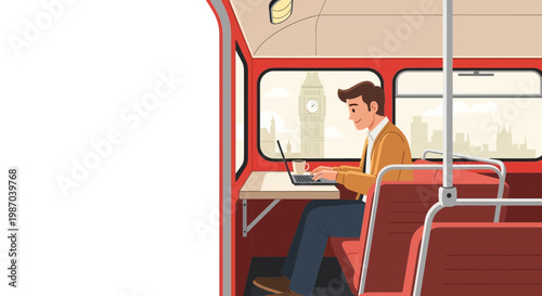 Vector illustration Man working on laptop in red city bus. Depicts mobile productivity, urban travel, remote work, iconic landmark visible