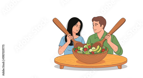 Vector illustration of a happy couple preparing a fresh healthy salad together, promoting a balanced lifestyle and nutritious eating habits