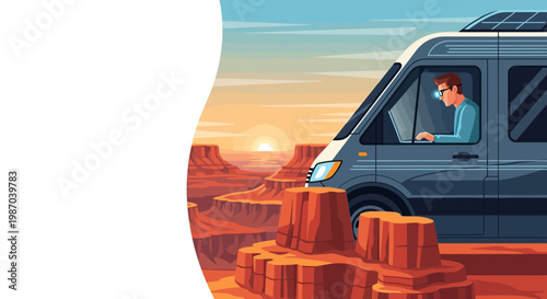 Vector illustration Digital nomad on laptop inside modern camper van. Overlooking serene desert canyon sunset. Symbolizes remote work, travel freedom
