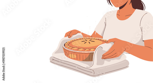 Vector illustration of hands carefully holding a delicious, freshly baked golden pie on a kitchen towel, symbolizing the cozy warmth of homemade comfort food