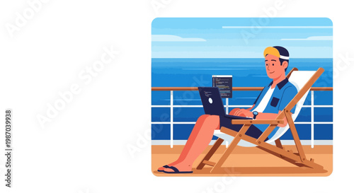 Vector illustration depicting a content man engaged in remote work on his laptop while relaxing in a deck chair on a serene cruise ship deck, embracing digital nomad lifestyle and travel freedom