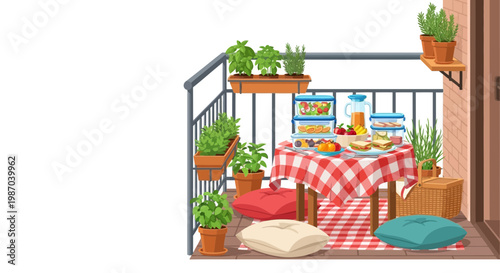 Inviting balcony picnic with a delicious food spread, vibrant potted plants, and comfortable cushions, creating a serene urban escape for leisure. Vector illustration