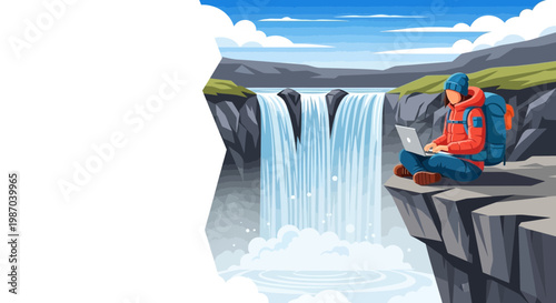 Vector illustration portraying a digital nomad working on a laptop by a waterfall, embodying remote work, nature adventure, and a productive, free lifestyle