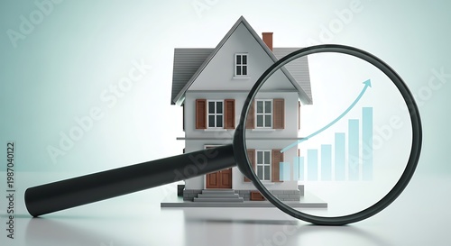 A Magnifying Glass Inspecting a Miniature House with Rising Bar Graph, Symbolizing Real Estate Market Growth and Property Investment Analysis.