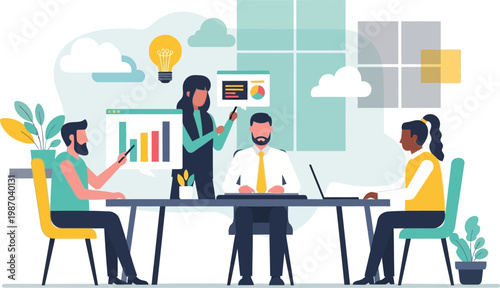 Business Strategy Planning Illustration, Teamwork Flat Minimal Style