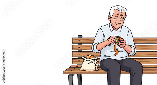 Vector illustration A senior man peacefully peels fresh carrots on a park bench, representing healthy eating, mindful activity, and relaxed moments in senior life