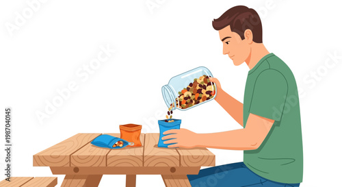 Vector illustration Man at a picnic table pours healthy snack mix from jar into a container, promoting mindful eating and active living choices