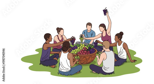 Vector illustration depicting a vibrant community of friends gathering for a joyous grape harvest, sharing fresh fruit outdoors in a peaceful, natural setting, symbolizing tradition and abundance