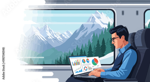 Vector illustration Professional works on laptop in train. Data analysis with snowy mountains visible. Represents remote work and efficient travel