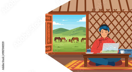 Vector illustration shows a person working remotely from a traditional yurt, enjoying a scenic view of horses on tranquil green hills