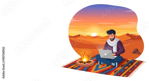 Vector illustration A man works on a laptop by a campfire in a desert at sunset, embodying the flexible, free spirit of a modern digital nomad lifestyle
