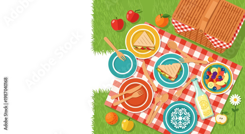 Delightful overhead vector illustration capturing a vibrant summer picnic scene with food, drinks, and a checkered blanket on green grass, ideal for outdoor leisure and relaxation