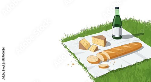 Vector illustration showcasing a classic outdoor picnic with cheese, sliced baguette, and a bottle on a blanket over lush green grass