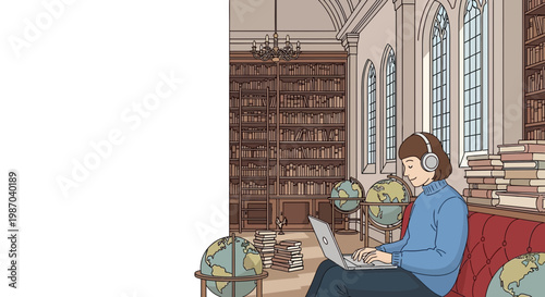 Vector illustration depicting a focused individual engaged in digital learning within a grand library setting, surrounded by books and globes, symbolizing global knowledge and academic pursuits
