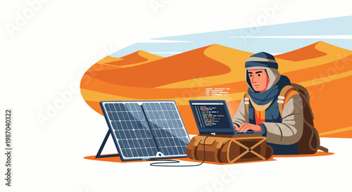 Vector illustration Remote developer coding in desert with solar power, symbolizing sustainable technology and future work possibilities