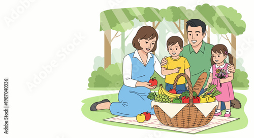 Joyful family enjoying a wholesome summer picnic in the lush green park, sharing healthy food from a bountiful basket. Vector illustration depicting happy moments outdoors