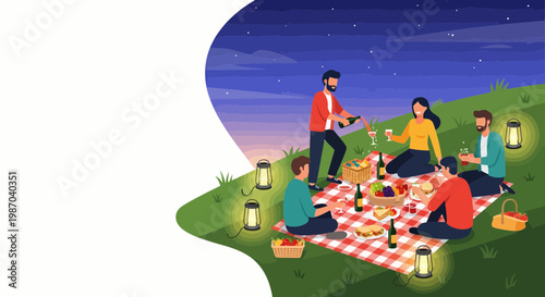 Vector illustration Friends enjoy a delightful night picnic on a grassy hill under starry skies, with food, drinks, and glowing lanterns, perfect for outdoor leisure and companionship