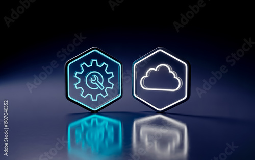 3D Glowing Icons for Cloud Computing and System Settings on Dark Background