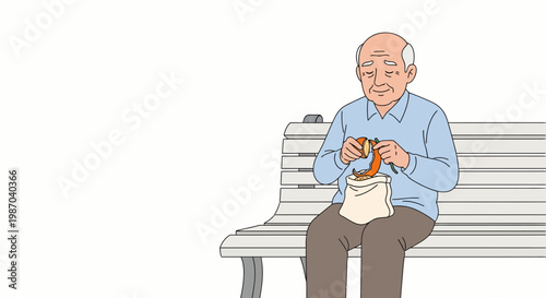 Vector illustration of a contented senior man knitting on a park bench, enjoying a peaceful leisure activity, symbolizing relaxation and a fulfilling golden age