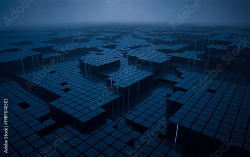 Abstract 3D Geometric Landscape of Dark Blue Cubes with Neon Light Accents