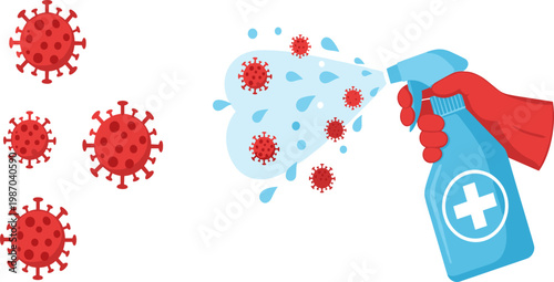 Disinfection and Virus Protection Concept Illustration with Hand Spraying Sanitizer Bottle Killing Germs, Hygiene, Cleaning, Healthcare Safety and Infection Prevention Vector Design
