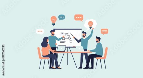 Corporate Meeting Illustration, Team Discussion Flat Vector, Office Concept