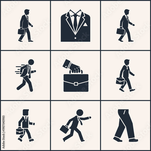 A collection of business icons featuring a silhouette of a man walking to work with a briefcase, conveying a sense of professionalism and daily commute.