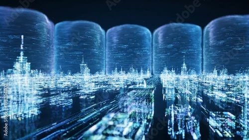 Wallpaper Mural Futuristic cityscape with towering buildings and technology integration at nighttime Torontodigital.ca