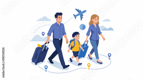 Family travels together with luggage on vacation abroad happily