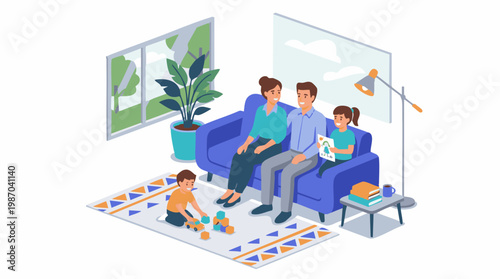 A family of three relaxes on a couch in a cozy living room with a child playing.