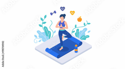 A woman exercises on a treadmill in a healthy environment with plants and fitness icons.