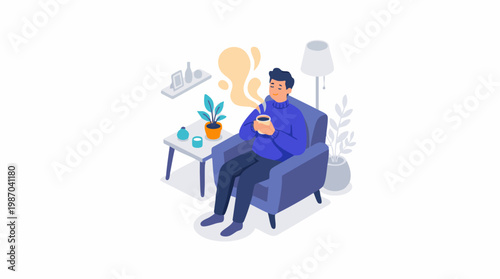 A man sits on a couch in a living room reading a book next to a plant