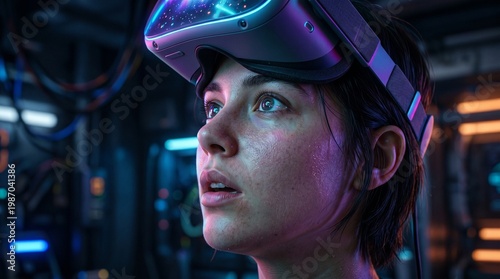 Ultra-realistic close-up of a young wearing a virtual reality headset, soft neon reflections on the skin, emotional expression of awe, shallow depth of field, cinematic lighting