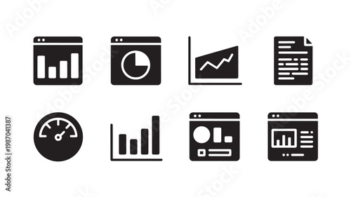 Data Analysis Icons Set with Business Infographic Charts Graphs and KPI Dashboard Elements Minimal Black Vector