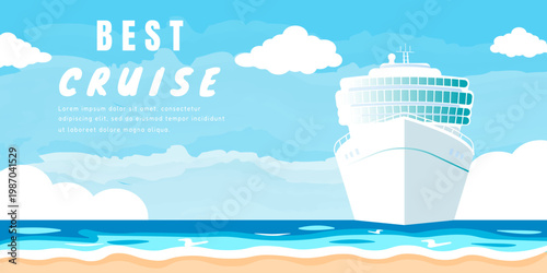 Cruise travel banner with a liner, sea, clouds, shore and text. Design template for booking service or travel agency. Vector design