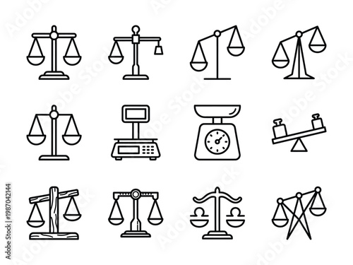 Scales and balance vector icon set representing law justice measurement and equality with measurement equality attorney weighing equilibrium collection illustration business commerce decision