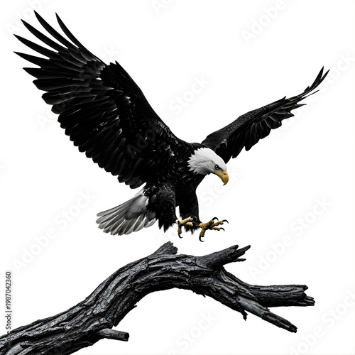 Majestic Eagle in Descent: A striking image of a bald eagle in mid-flight, wings spread wide as it prepares to land on a weathered branch. It's a symbol of freedom and power