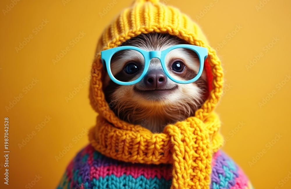 Naklejka premium Funny sloth wears yellow knit hat and scarf. Cute animal sports blue eyeglasses. It smiles with bright colorful sweater against yellow backdrop. Relaxed mammal looks happy.