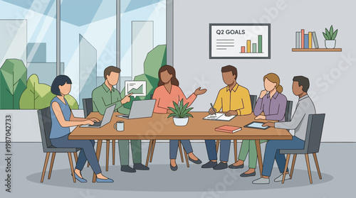 Corporate Meeting Illustration, Team Discussion Flat Vector, Office Concept