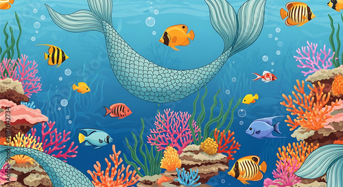 Ocean Panorama Featuring a Mermaid Tail and Diverse Tropical Fish