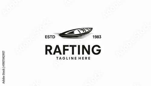 Rafting badge logo with stylized river boat, ESTD 1983 text, and TAGLINE THERE slogan for outdoor adventure branding