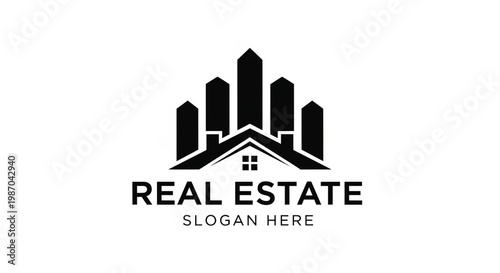 Building skyline logo with house roof lines, window grid and Real Estate text branding for property businesses