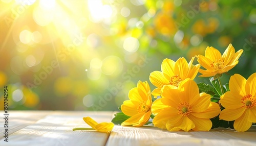 Vibrant yellow flowers on wooden surface bask under warm sunlight, creating a serene, picturesque scene