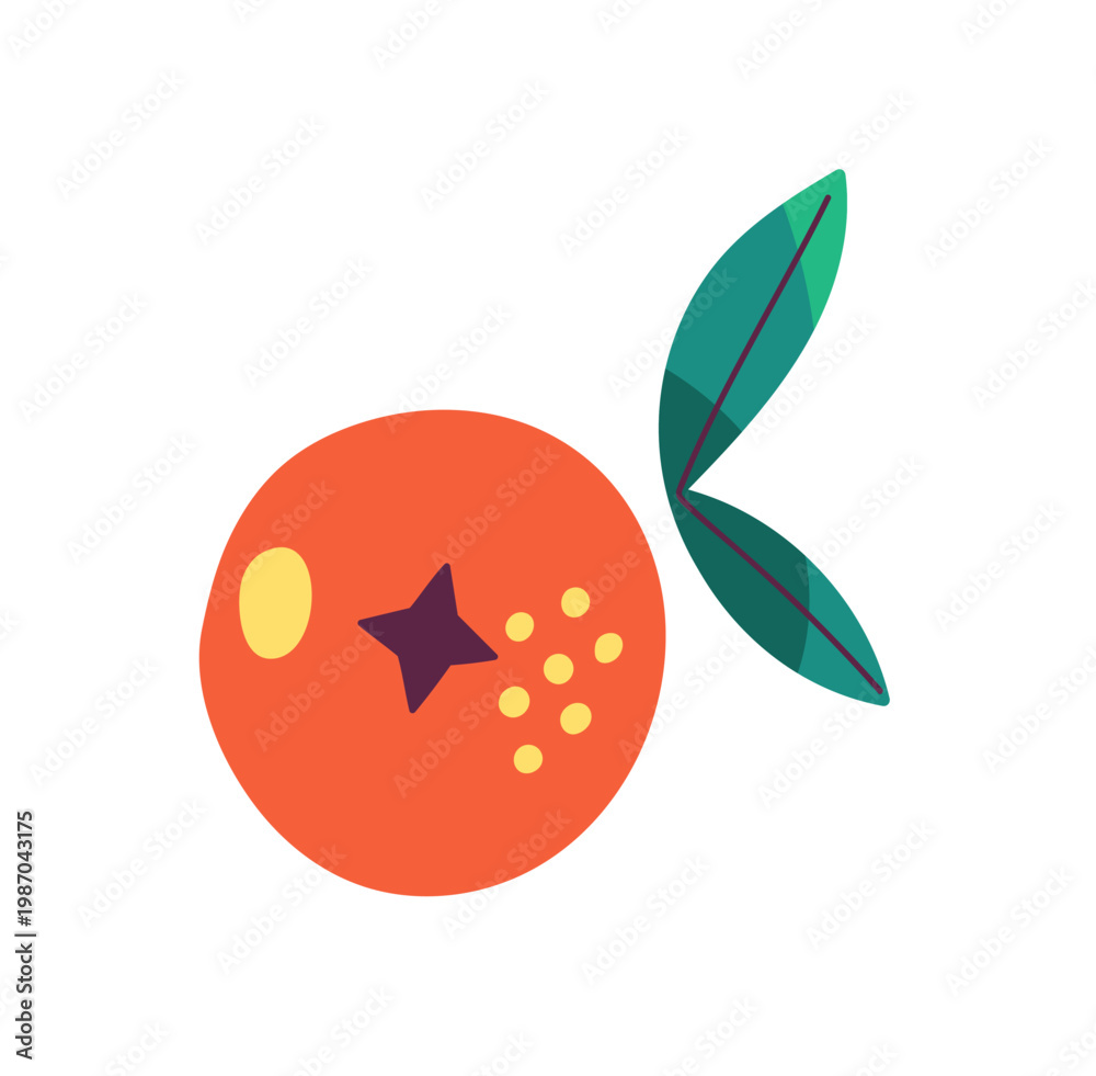 Fototapeta premium Top view of ripe pomegranate with green leaf. Exotic garnet . Tropical fruit with red peel and grains. Healthy food, fresh grocery product. Flat isolated vector illustration on white background