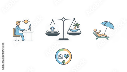 Work life balance icon set. Vector illustration of career versus leisure scales. Flat design symbols for business and relaxation